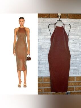 ALIX NYC Iridescent Copper Shimmer Halter Maxi Dress M Retro Futuristic Clubwear